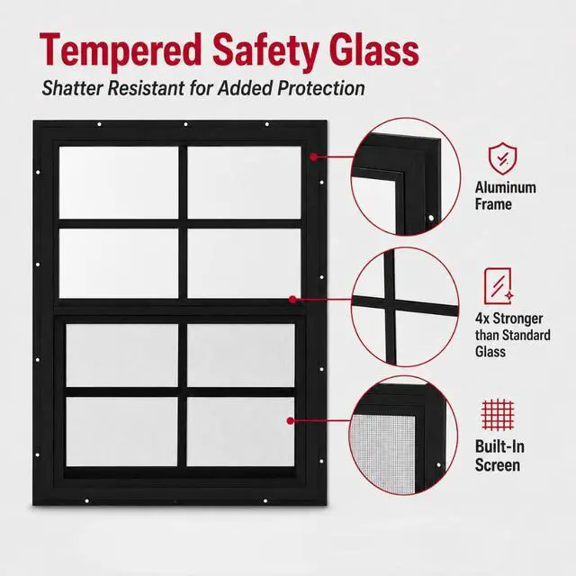 Alt view image 4 of 6 - 14x27 Shed Windows, Flush Mount Sliding Windows with Tempered Glass & Screens, Brown, 2-Pack