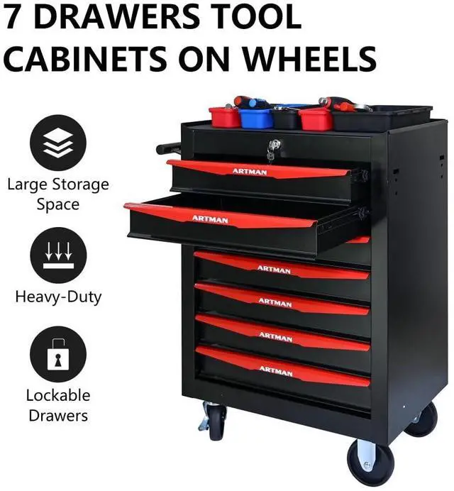 Alt view image 2 of 6 - Rolling Metal Tool Chest with 7 Drawers, 20" 7-Drawer Tool Chest Cabinet with Ball Bearing Drawer Slides, Steel Tool Storage Box Organizer -BLACK&RED