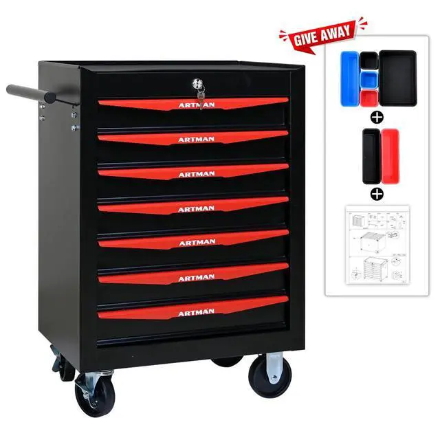 Alt view image 3 of 6 - Rolling Metal Tool Chest with 7 Drawers, 20" 7-Drawer Tool Chest Cabinet with Ball Bearing Drawer Slides, Steel Tool Storage Box Organizer -BLACK&RED