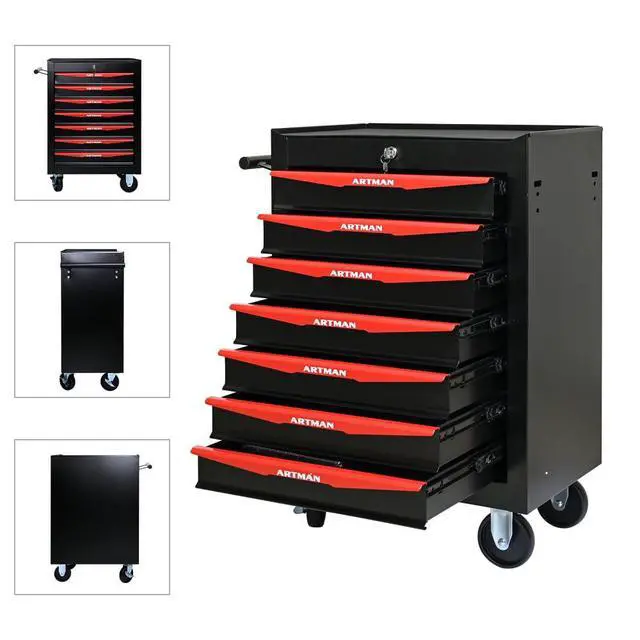 Alt view image 4 of 6 - Rolling Metal Tool Chest with 7 Drawers, 20" 7-Drawer Tool Chest Cabinet with Ball Bearing Drawer Slides, Steel Tool Storage Box Organizer -BLACK&RED