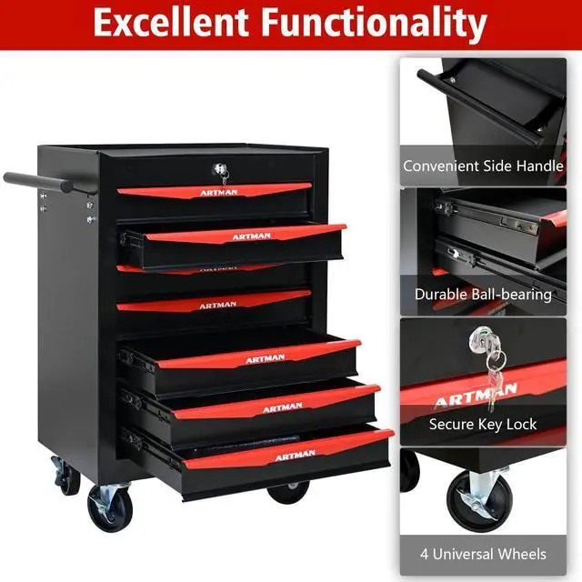 Alt view image 5 of 6 - Rolling Metal Tool Chest with 7 Drawers, 20" 7-Drawer Tool Chest Cabinet with Ball Bearing Drawer Slides, Steel Tool Storage Box Organizer -BLACK&RED