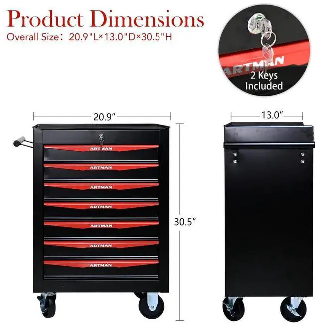 Alt view image 6 of 6 - Rolling Metal Tool Chest with 7 Drawers, 20" 7-Drawer Tool Chest Cabinet with Ball Bearing Drawer Slides, Steel Tool Storage Box Organizer -BLACK&RED