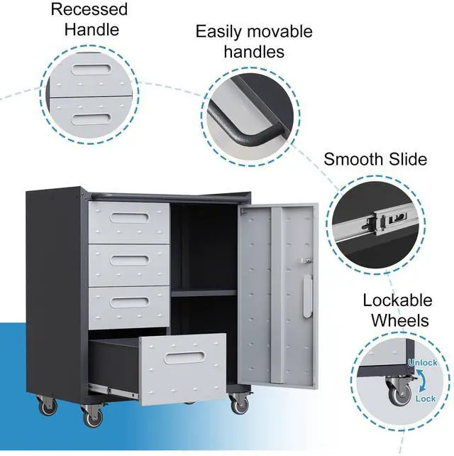 Alt view image 5 of 6 - Metal Storage Cabinet with Drawers Heavy Duty Steel Rolling Tool Cabinets on Wheels Garage Storage Cabinet Mobile Locking Tool Carts for Kitchen Basement Garage Warehouse, Assembly Required