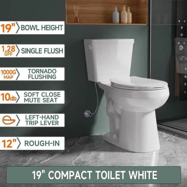Alt view image 2 of 6 - 19 Inch Compact Tall Toilet ADA Height Seat 20", Single Flush 1.28 GPF, Left-Hand Trip Lever, Powerful Tornado Flush Two Piece, 12" Rough-in for Bathroom, Comfort Bowl Heigh 19", White