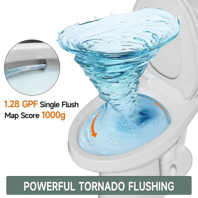 Alt view image 4 of 6 - 19 Inch Compact Tall Toilet ADA Height Seat 20", Single Flush 1.28 GPF, Left-Hand Trip Lever, Powerful Tornado Flush Two Piece, 12" Rough-in for Bathroom, Comfort Bowl Heigh 19", White