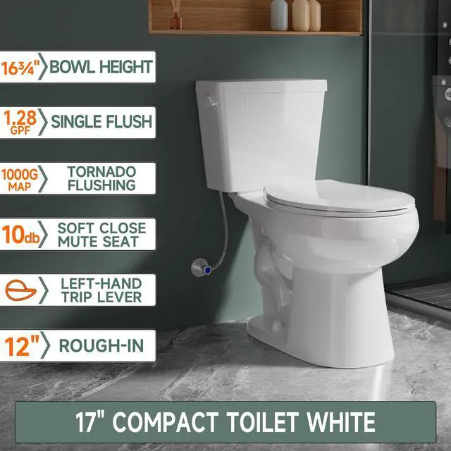 Alt view image 2 of 6 - 17 Inch Compact Tall Toilet ADA Height Seat 17.5", Single Flush 1.28 GPF, Left-Hand Trip Lever, Powerful Tornado Flush Two Piece, 12" Rough-in for Bathroom, Comfort Bowl Heigh 16.75", White