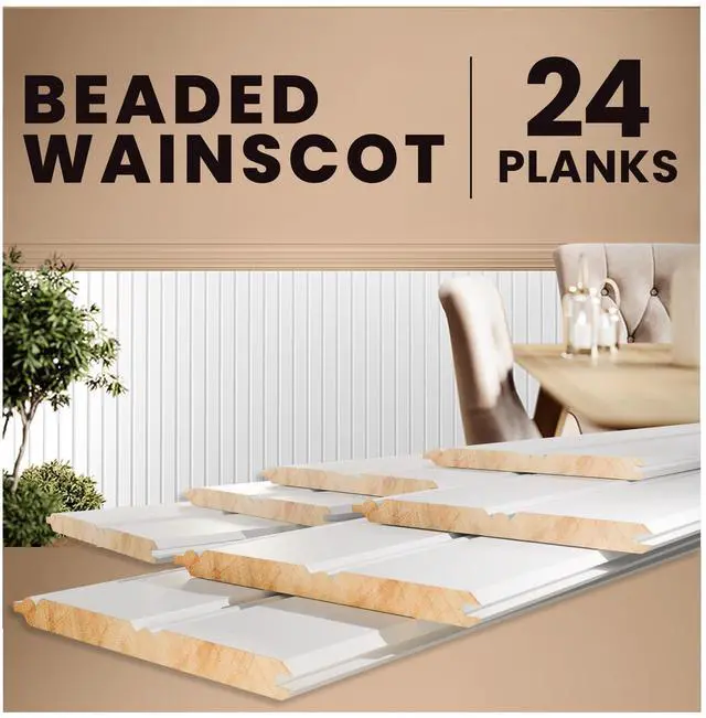 Main image of Real Wood Beadboard Wainscoting Panels - Primed Tongue and Groove Pine Solid Wood Wall Panels, 32 Tall, Knot-Free Interior Wall Paneling, Ready to Paint, 24 Planks (Covers 7 Lin. Ft.)