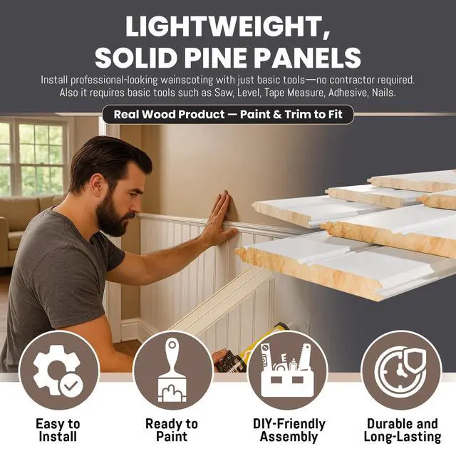 Alt view image 3 of 6 - Real Wood Beadboard Wainscoting Panels - Primed Tongue and Groove Pine Solid Wood Wall Panels, 32 Tall, Knot-Free Interior Wall Paneling, Ready to Paint, 24 Planks (Covers 7 Lin. Ft.)