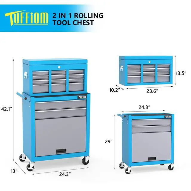 Alt view image 2 of 6 - 8-Drawer Rolling Tool Chest, Tool Storage Cabinet w/Lockable Wheels, Detachable Top, Drawers & Side Hooks, Mechanic Tool Organizer Box for Garage Warehouse Repair Shop