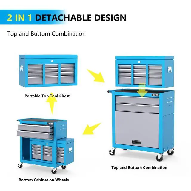 Alt view image 3 of 6 - 8-Drawer Rolling Tool Chest, Tool Storage Cabinet w/Lockable Wheels, Detachable Top, Drawers & Side Hooks, Mechanic Tool Organizer Box for Garage Warehouse Repair Shop