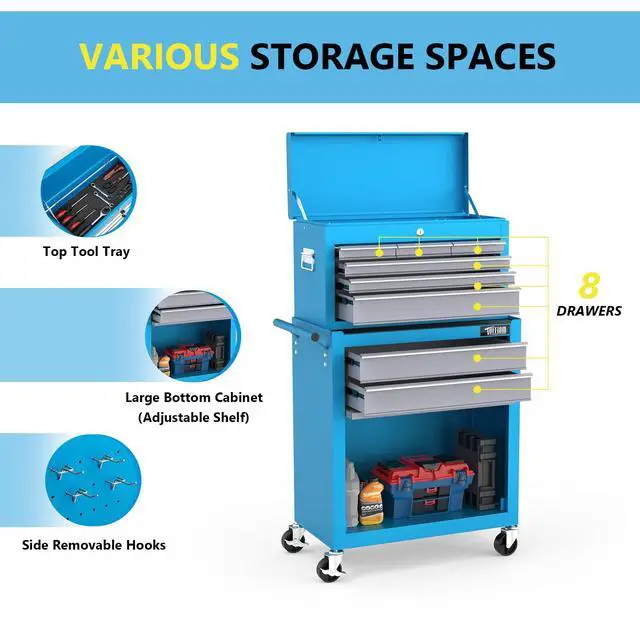 Alt view image 4 of 6 - 8-Drawer Rolling Tool Chest, Tool Storage Cabinet w/Lockable Wheels, Detachable Top, Drawers & Side Hooks, Mechanic Tool Organizer Box for Garage Warehouse Repair Shop