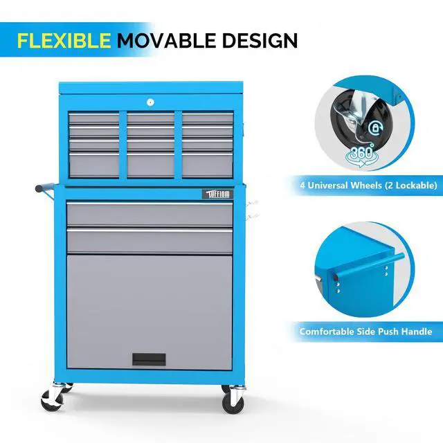 Alt view image 6 of 6 - 8-Drawer Rolling Tool Chest, Tool Storage Cabinet w/Lockable Wheels, Detachable Top, Drawers & Side Hooks, Mechanic Tool Organizer Box for Garage Warehouse Repair Shop