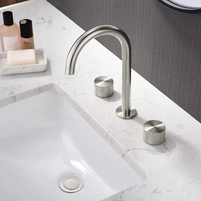 Alt view image 2 of 6 - 2-Handle 8" Widespread Bathroom Sink Faucet with Drain Assembly, Solid Brass 3-Hole Lavatory Faucet | Circular X Design | Corrosion-Resistant with Smooth Water Flow (Brushed Nickel, KBF1026)