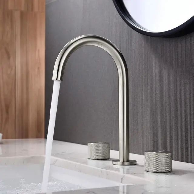 Alt view image 3 of 6 - 2-Handle 8" Widespread Bathroom Sink Faucet with Drain Assembly, Solid Brass 3-Hole Lavatory Faucet | Circular X Design | Corrosion-Resistant with Smooth Water Flow (Brushed Nickel, KBF1026)