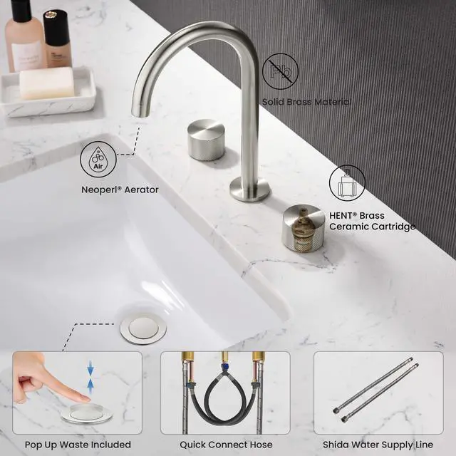 Alt view image 4 of 6 - 2-Handle 8" Widespread Bathroom Sink Faucet with Drain Assembly, Solid Brass 3-Hole Lavatory Faucet | Circular X Design | Corrosion-Resistant with Smooth Water Flow (Brushed Nickel, KBF1026)