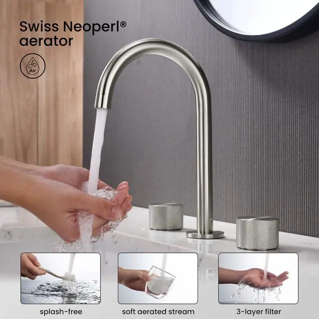 Alt view image 5 of 6 - 2-Handle 8" Widespread Bathroom Sink Faucet with Drain Assembly, Solid Brass 3-Hole Lavatory Faucet | Circular X Design | Corrosion-Resistant with Smooth Water Flow (Brushed Nickel, KBF1026)