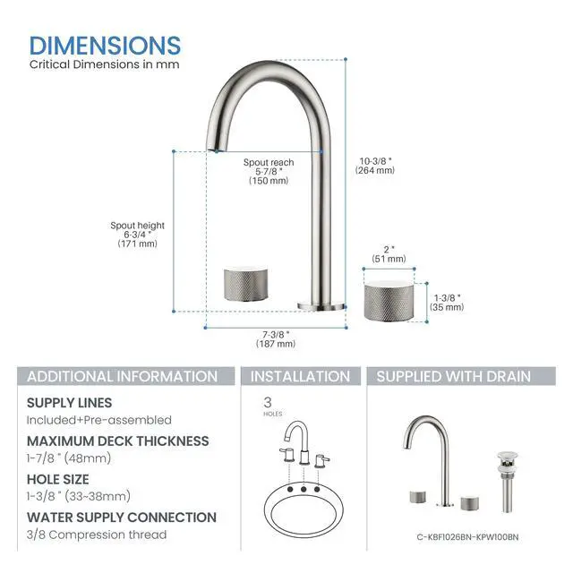 Alt view image 6 of 6 - 2-Handle 8" Widespread Bathroom Sink Faucet with Drain Assembly, Solid Brass 3-Hole Lavatory Faucet | Circular X Design | Corrosion-Resistant with Smooth Water Flow (Brushed Nickel, KBF1026)