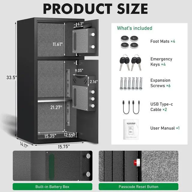 Alt view image 4 of 6 - 7.0 Cu ft Safe Box Fireproof Waterproof,with LED Light Fire Proof Safe Box for Home Documents,Password Personal Fingerprint Safes with Deposit Slot & Dual Alarm System, Security Box fo Valuables