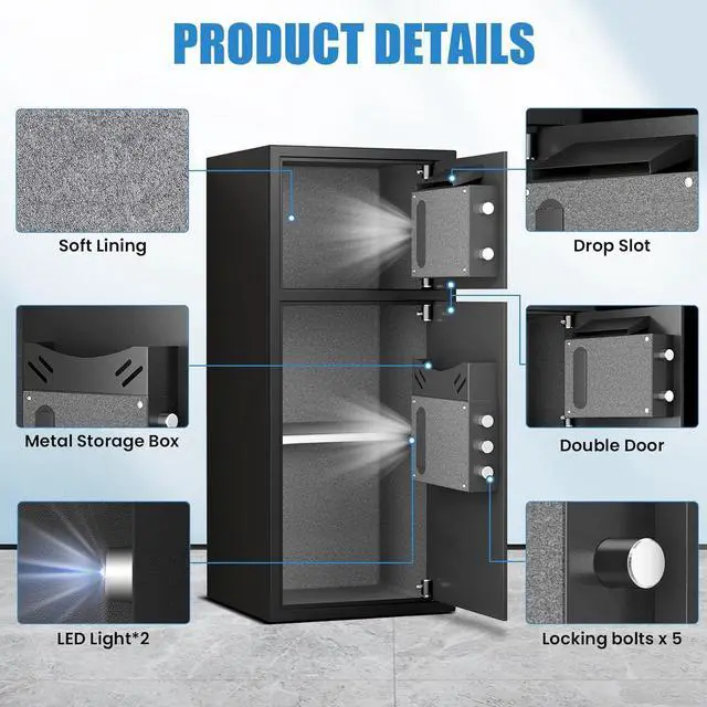 Alt view image 5 of 6 - 7.0 Cu ft Safe Box Fireproof Waterproof,with LED Light Fire Proof Safe Box for Home Documents,Password Personal Fingerprint Safes with Deposit Slot & Dual Alarm System, Security Box fo Valuables