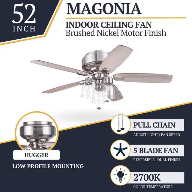 Alt view image 3 of 6 - Magonia 52 Inch Flush Mount LED Ceiling Fan with Light, Pull Chain, Reversible Motor, 5 Dual Finish Blades, Nickel