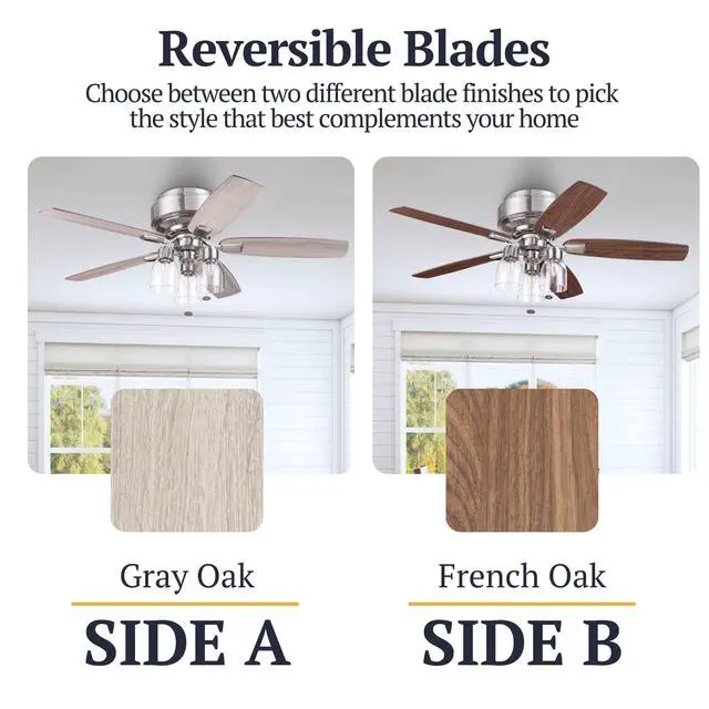 Alt view image 4 of 6 - Magonia 52 Inch Flush Mount LED Ceiling Fan with Light, Pull Chain, Reversible Motor, 5 Dual Finish Blades, Nickel