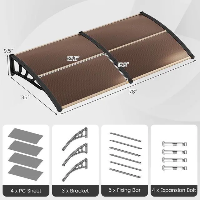 Alt view image 6 of 6 - Awnings for Doors, 78" x 35" Window Awning with Rain Snow Sunlight UV Protection, UPF 50+, Hollow Sheet, Outdoor Overhead Awning Canopy Exterior, Polycarbonate Awnings for Patio, Porch, Deck