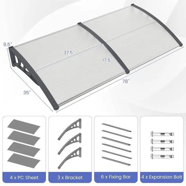 Alt view image 4 of 6 - Awnings for Doors, 78" x 35" Window Awning with Rain Snow Sunlight UV Protection, UPF 50+,Hollow Sheet, Outdoor Overhead Awning Canopy Exterior, Polycarbonate Awnings for Patio, Porch, Deck