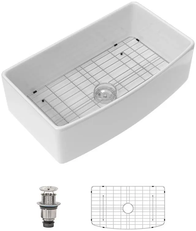 Main image of 33 Inch Curved Farmhouse Sink, White Fireclay Apron Front Sink, Single Bowl Ceramic Farm Kitchen Sink with Smooth Arc Edge, 33"x19"x10" #DC-A8875
