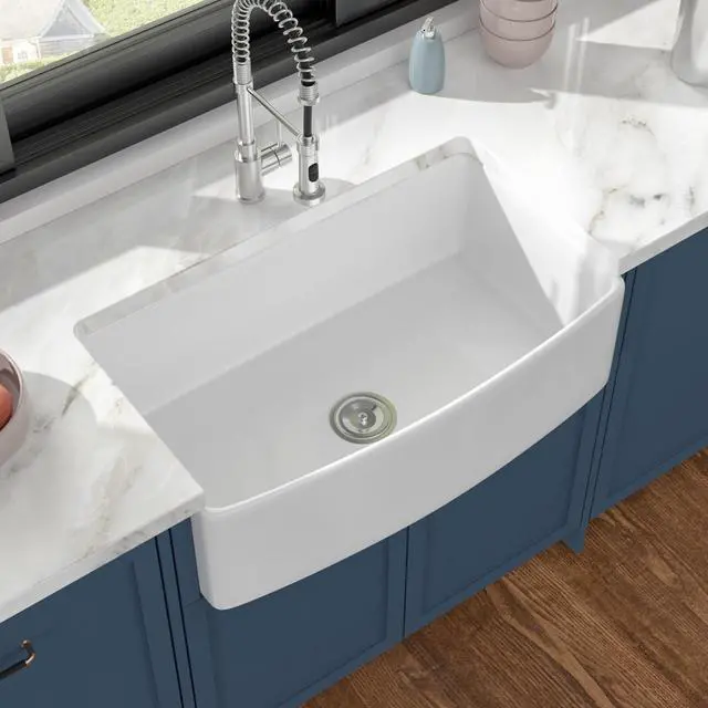 Alt view image 2 of 6 - 33 Inch Curved Farmhouse Sink, White Fireclay Apron Front Sink, Single Bowl Ceramic Farm Kitchen Sink with Smooth Arc Edge, 33"x19"x10" #DC-A8875