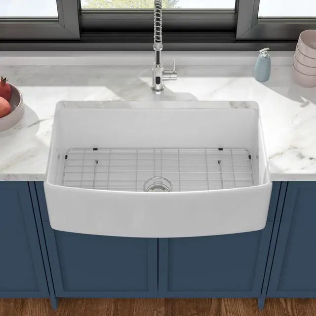 Alt view image 3 of 6 - 33 Inch Curved Farmhouse Sink, White Fireclay Apron Front Sink, Single Bowl Ceramic Farm Kitchen Sink with Smooth Arc Edge, 33"x19"x10" #DC-A8875