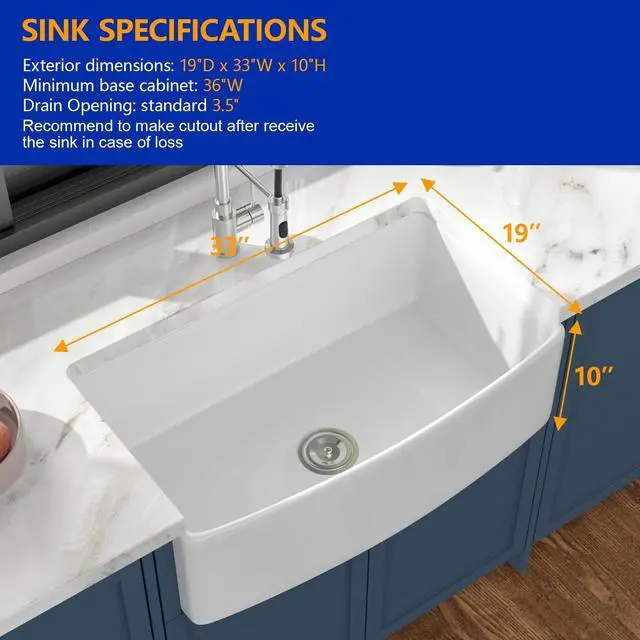 Alt view image 5 of 6 - 33 Inch Curved Farmhouse Sink, White Fireclay Apron Front Sink, Single Bowl Ceramic Farm Kitchen Sink with Smooth Arc Edge, 33"x19"x10" #DC-A8875