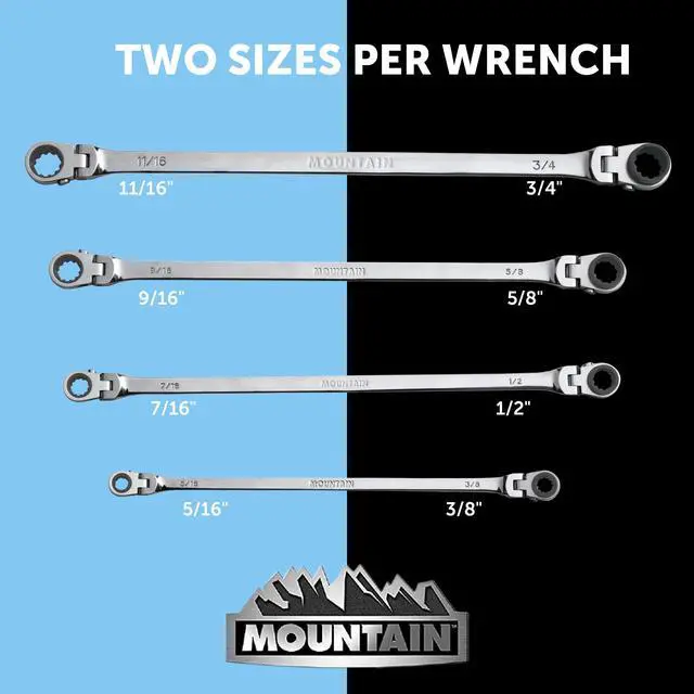 Alt view image 2 of 6 - RF7 SAE Reversible Double Raised Box Ratcheting Wrench Set, Universal Spline, 90 Tooth Design, 180 Degree Rotating Head, Sizes 5/16", 3/8", 7/16", 1/2", 9/16" 5/8", 11/16", 3/4", 4-Piece