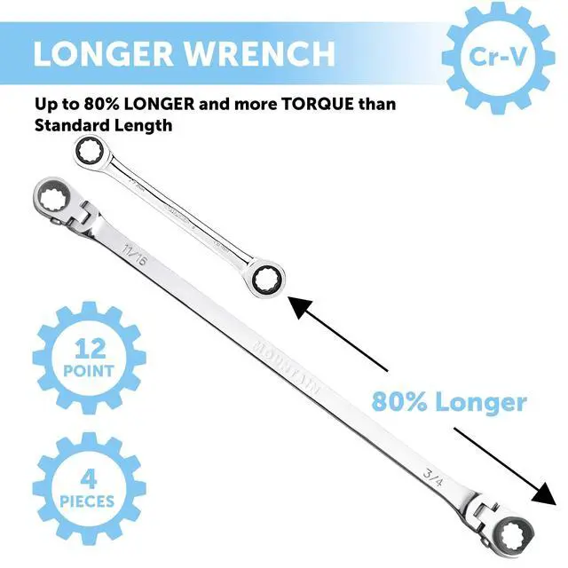 Alt view image 3 of 6 - RF7 SAE Reversible Double Raised Box Ratcheting Wrench Set, Universal Spline, 90 Tooth Design, 180 Degree Rotating Head, Sizes 5/16", 3/8", 7/16", 1/2", 9/16" 5/8", 11/16", 3/4", 4-Piece