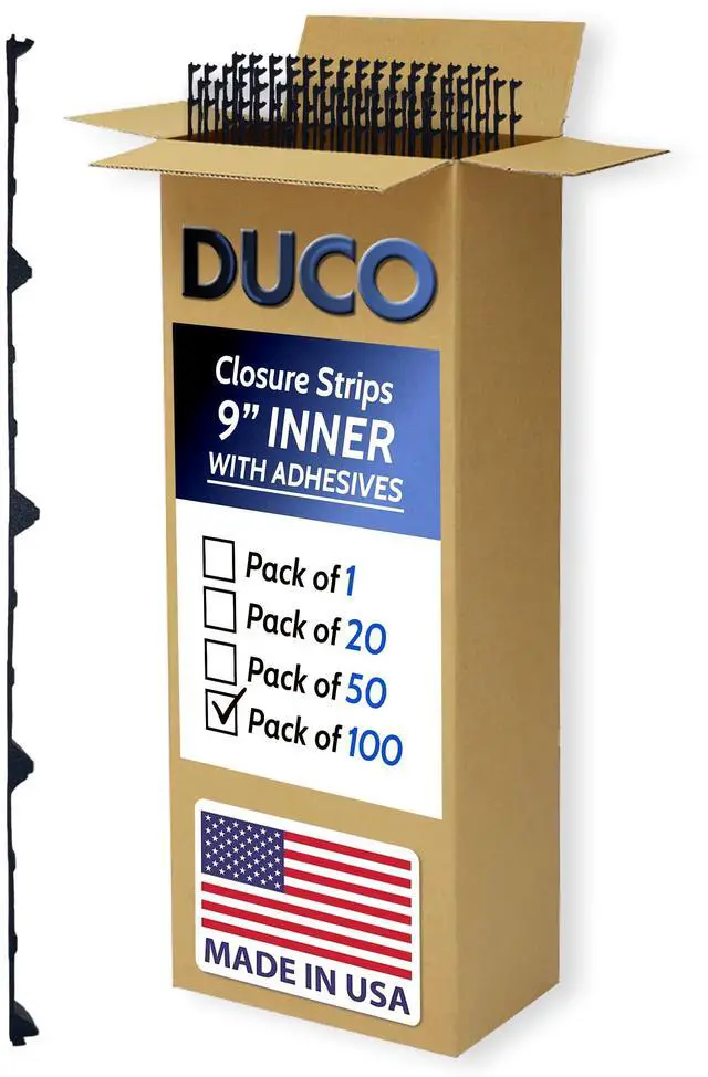Main image of Duco Classic Rib Foam Closure Strips 3ft Long, 9" Rib Spacing - 100 Pack of USA-Made Black Inner Foam Closure Strips for Metal Roofing Panels - Blocks Gaps, Moisture, Noise, & Dust (with Adhesive)