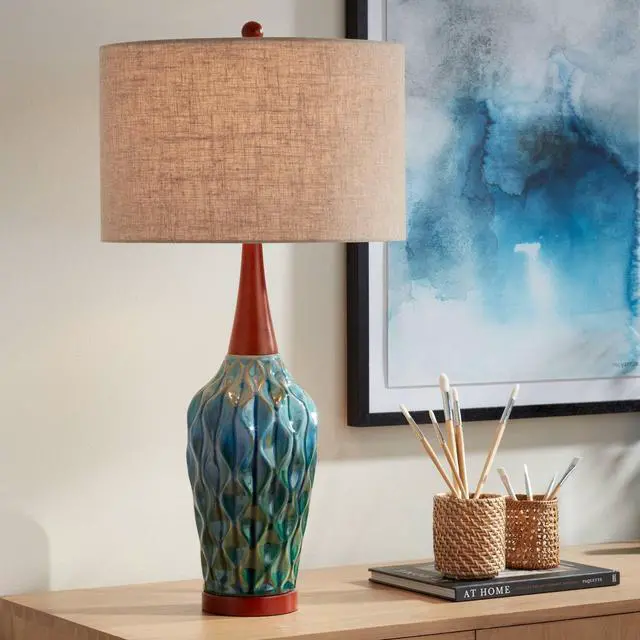 Main image of Rocco Mid Century Modern Table Lamp 30" Tall Ceramic Blue Teal Glaze Wood Handmade Linen Drum Shade Cottage Core Decor for Living Room Bedroom House Bedside Home (Colors May Vary)