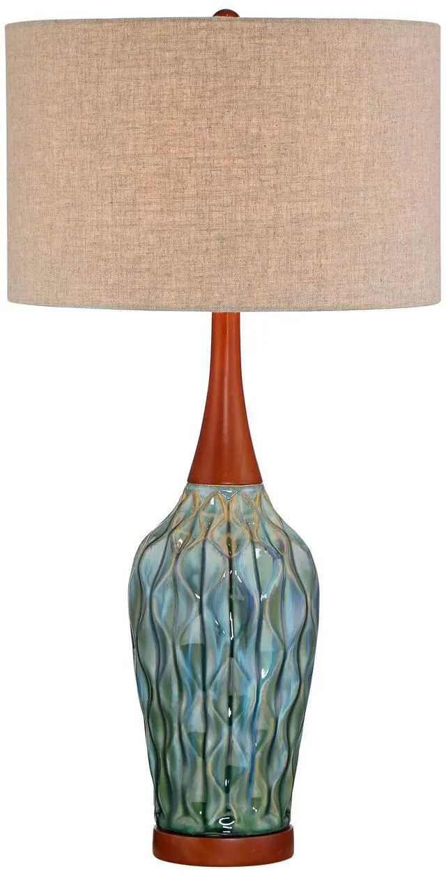 Alt view image 2 of 6 - Rocco Mid Century Modern Table Lamp 30" Tall Ceramic Blue Teal Glaze Wood Handmade Linen Drum Shade Cottage Core Decor for Living Room Bedroom House Bedside Home (Colors May Vary)