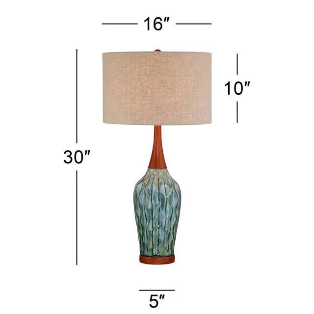 Alt view image 4 of 6 - Rocco Mid Century Modern Table Lamp 30" Tall Ceramic Blue Teal Glaze Wood Handmade Linen Drum Shade Cottage Core Decor for Living Room Bedroom House Bedside Home (Colors May Vary)
