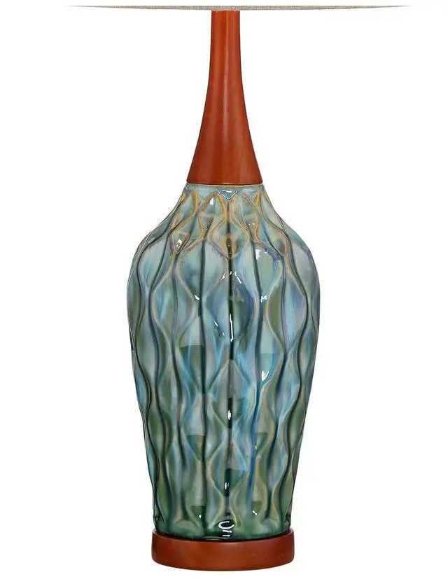 Alt view image 5 of 6 - Rocco Mid Century Modern Table Lamp 30" Tall Ceramic Blue Teal Glaze Wood Handmade Linen Drum Shade Cottage Core Decor for Living Room Bedroom House Bedside Home (Colors May Vary)