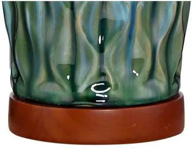 Alt view image 6 of 6 - Rocco Mid Century Modern Table Lamp 30" Tall Ceramic Blue Teal Glaze Wood Handmade Linen Drum Shade Cottage Core Decor for Living Room Bedroom House Bedside Home (Colors May Vary)