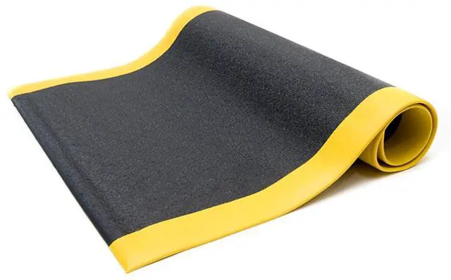Main image of Anti Fatigue Floor Mat (Made in USA), 3 Feet Wide x 12 Feet Long x 3/8 Inches Thick, Textured Pattern Top, Black with Yellow Border, Bevelled on All Four Sides, RoHS and REACH Compliant