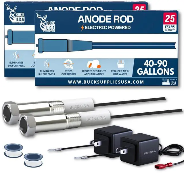 Main image of 2 Pack Powered Anode Rod for Hot Water Heater (40-90 Gallon), Eliminates Rotten Egg & Sulfur Smell in 24 Hours, Stops Corrosion, Fast Installation, Titanium Built, Universal Fit