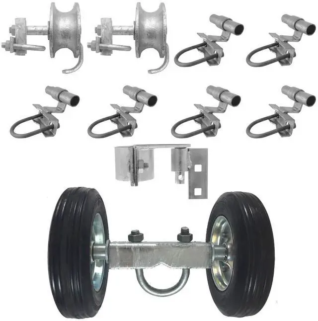 Main image of 6" CHAIN LINK ROLLING GATE HARDWARE KIT: (Chain Link Fence Gate Parts) (6" Rut Runner, 2 Track Wheels, 6 Track Brackets, 1 Rolo Latch)