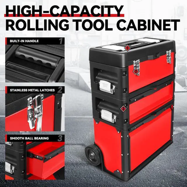 Alt view image 2 of 6 - Stackable Tool Box 3-Tier Tool Separate Organizer Rolling Tool Chest with Wheels 3-in-1 Upright Trolley for Garage or Workshop, Red