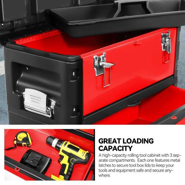Alt view image 3 of 6 - Stackable Tool Box 3-Tier Tool Separate Organizer Rolling Tool Chest with Wheels 3-in-1 Upright Trolley for Garage or Workshop, Red