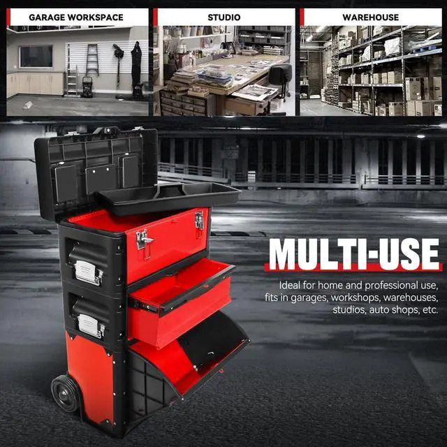 Alt view image 5 of 6 - Stackable Tool Box 3-Tier Tool Separate Organizer Rolling Tool Chest with Wheels 3-in-1 Upright Trolley for Garage or Workshop, Red