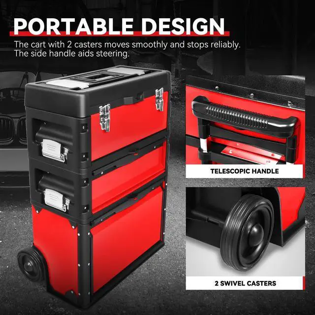 Alt view image 6 of 6 - Stackable Tool Box 3-Tier Tool Separate Organizer Rolling Tool Chest with Wheels 3-in-1 Upright Trolley for Garage or Workshop, Red