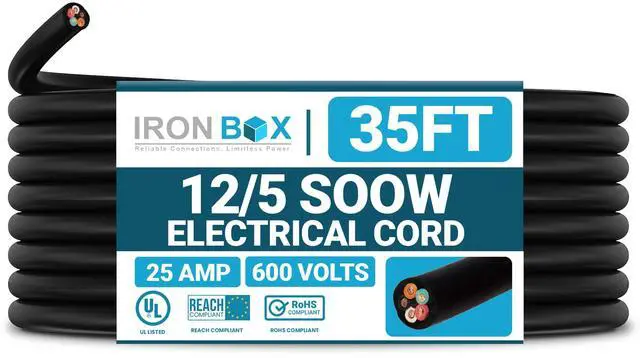 Main image of IronBox Electric - 12/5 Bulk Cable - SOOW Jacket - 12 Gauge,5 Wire - Rated for 600V,25A - Water & Oil Resistant Cable for Indoor/Outdoor Use - Ideal for Generators, Circuits & Data Centers (35 feet)