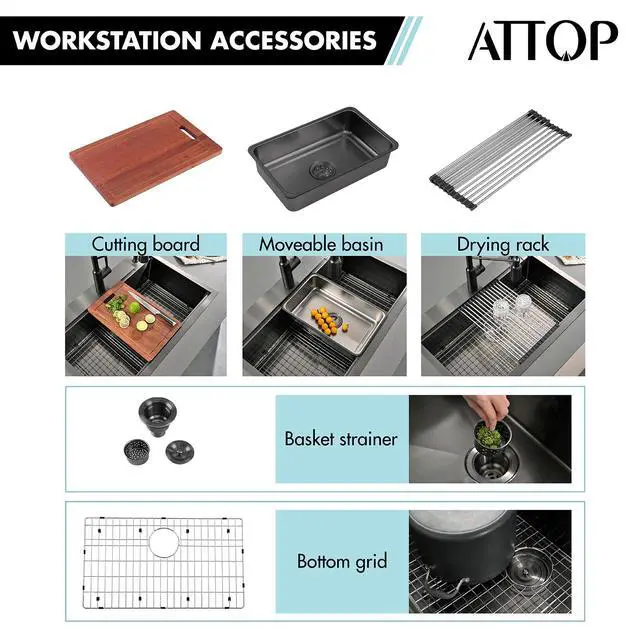 Alt view image 5 of 6 - 30 Inch Black Workstation Undermount Kitchen Sink Large Single Bowl,30x19 Inch Stainless Steel Handmade Undermount Workstation Ledge Kitchen Sink