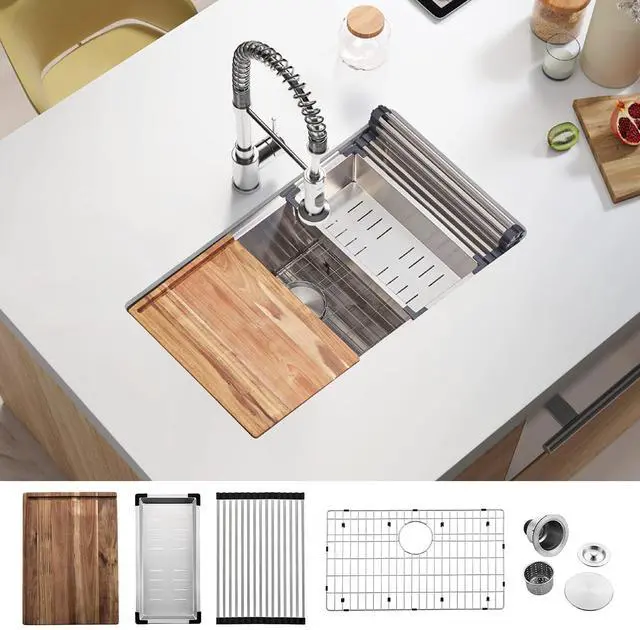 Main image of 30-inch Undermount Handmade Workstation 304 Stainless Steel Kitchen Sink Single Bowl Basin With Grid cutting board colander drying rack and Strainer