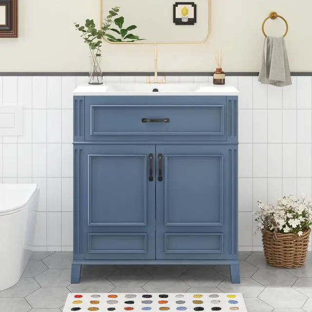 Main image of 30 Inch Blue Bathroom Vanity with Sink,Retro Bathroom Vanity with Integrated Countertop,Tip-Out Tray & Hidden Sliding Drawer,2 Shelves,Soft Closing Doors with Black Handles,Solid Wood Frame